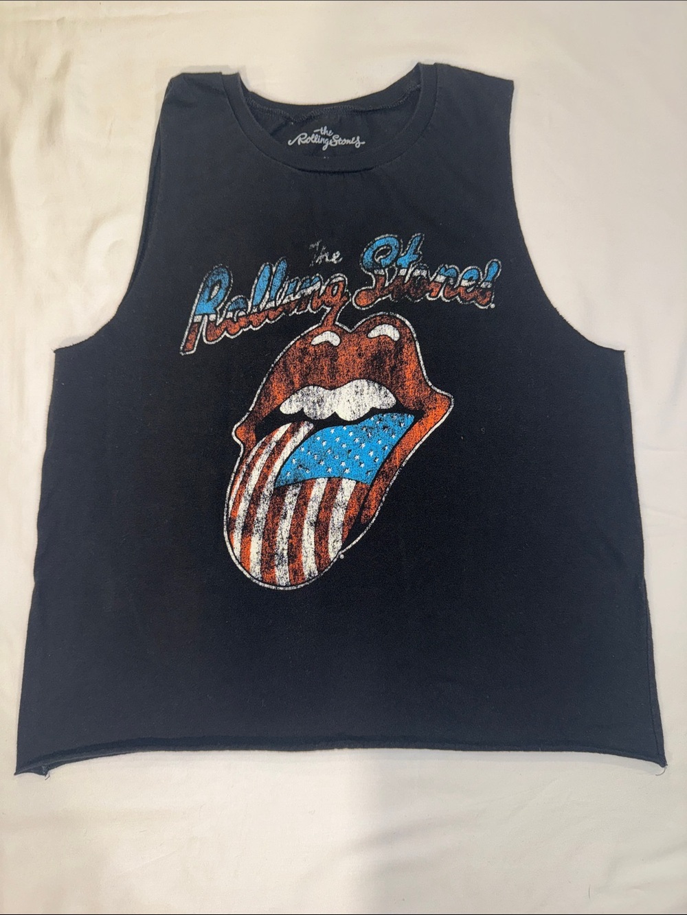 the Rolling Stones Black Tank with Patriotic Tongue Graphic